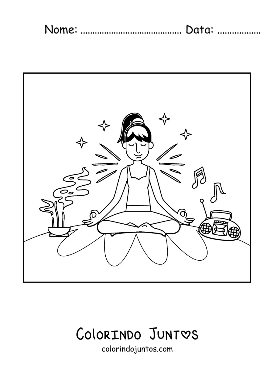 Desenho para colorir de uma menina meditando em casa com musica