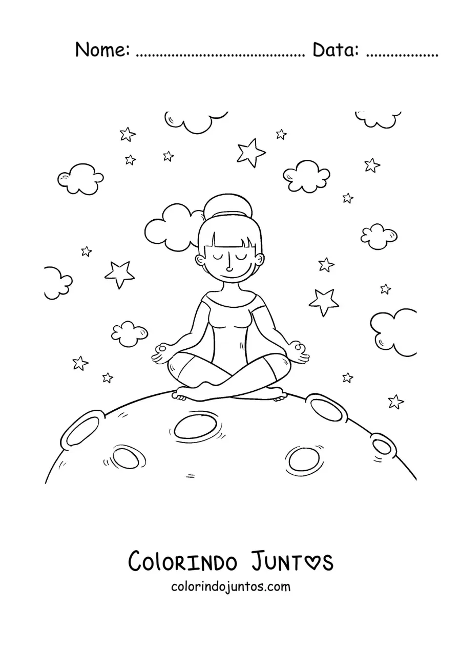 Desenho para colorir de uma menina meditando na Lua