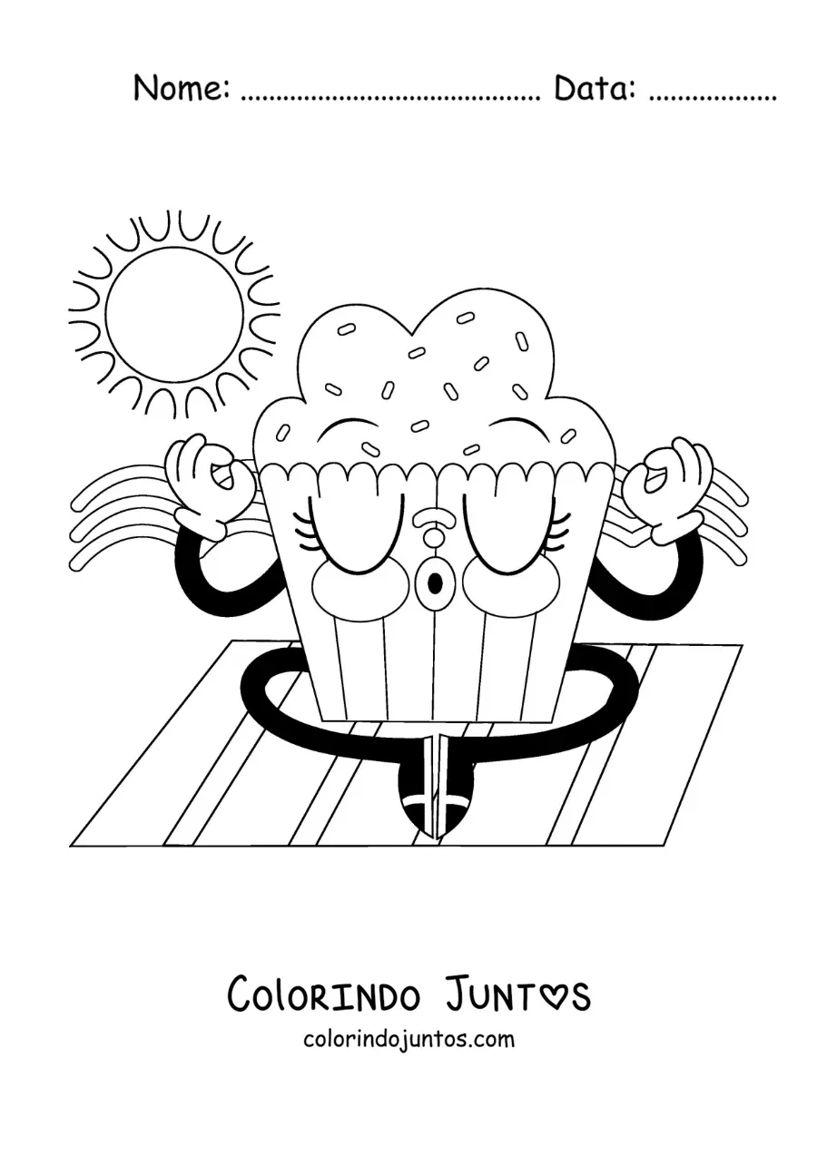 Desenho para colorir de um cupcake animado meditando