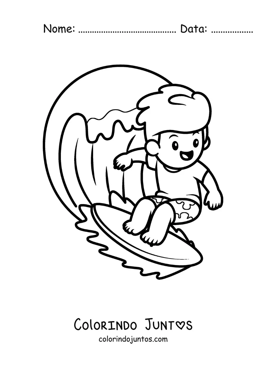 Desenho para colorir de um menino animado surfando uma onda