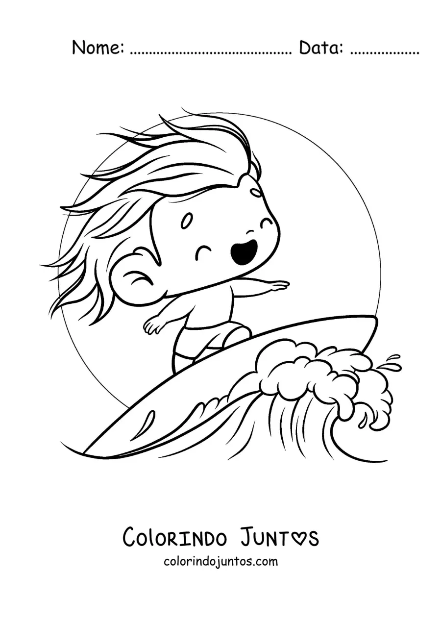 Desenho para colorir de um menino kawaii surfando uma onda