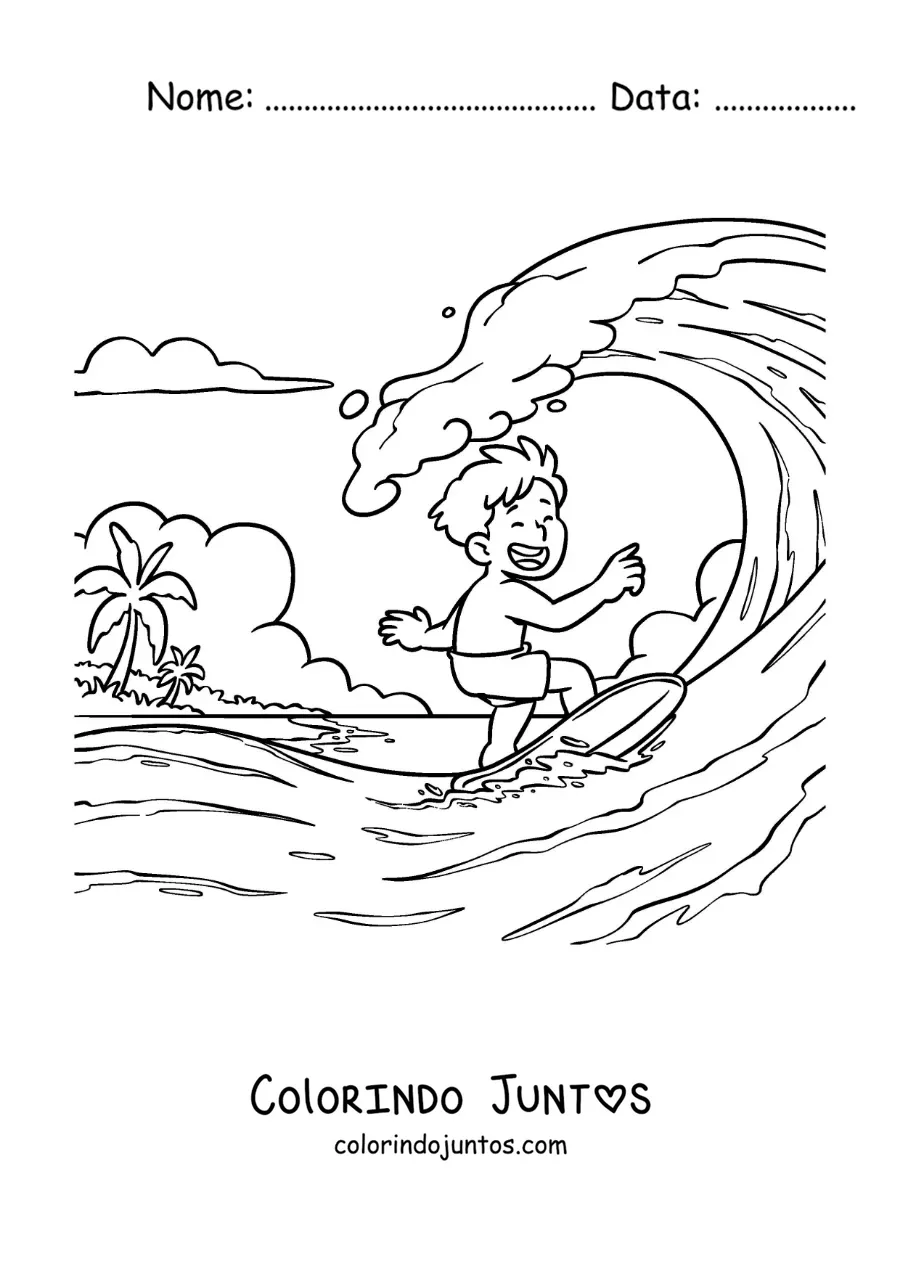 Desenho para colorir de um menino surfando na praia
