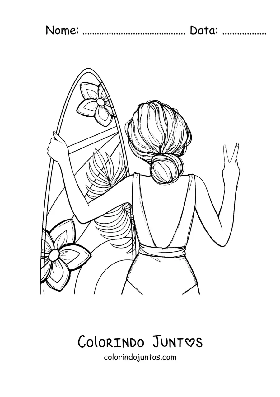 Desenho para colorir de uma menina de costas com sua prancha de surfe