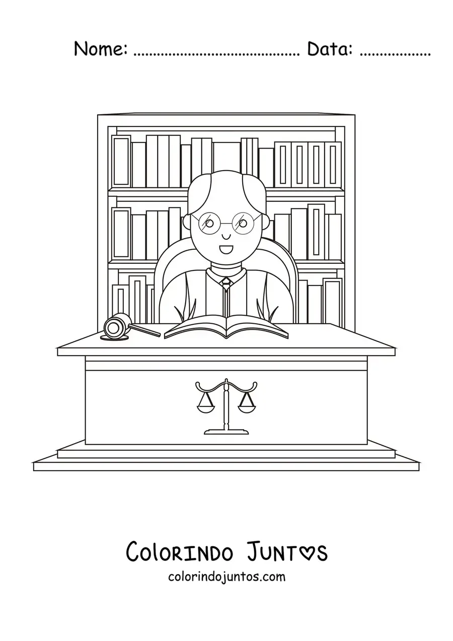 Desenho para colorir de um advogado com um martelo em sua mesa