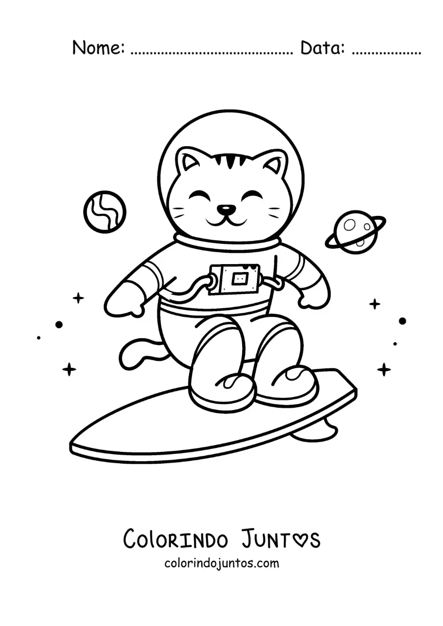 Desenho para colorir de um gato astronauta animado surfando no espaco