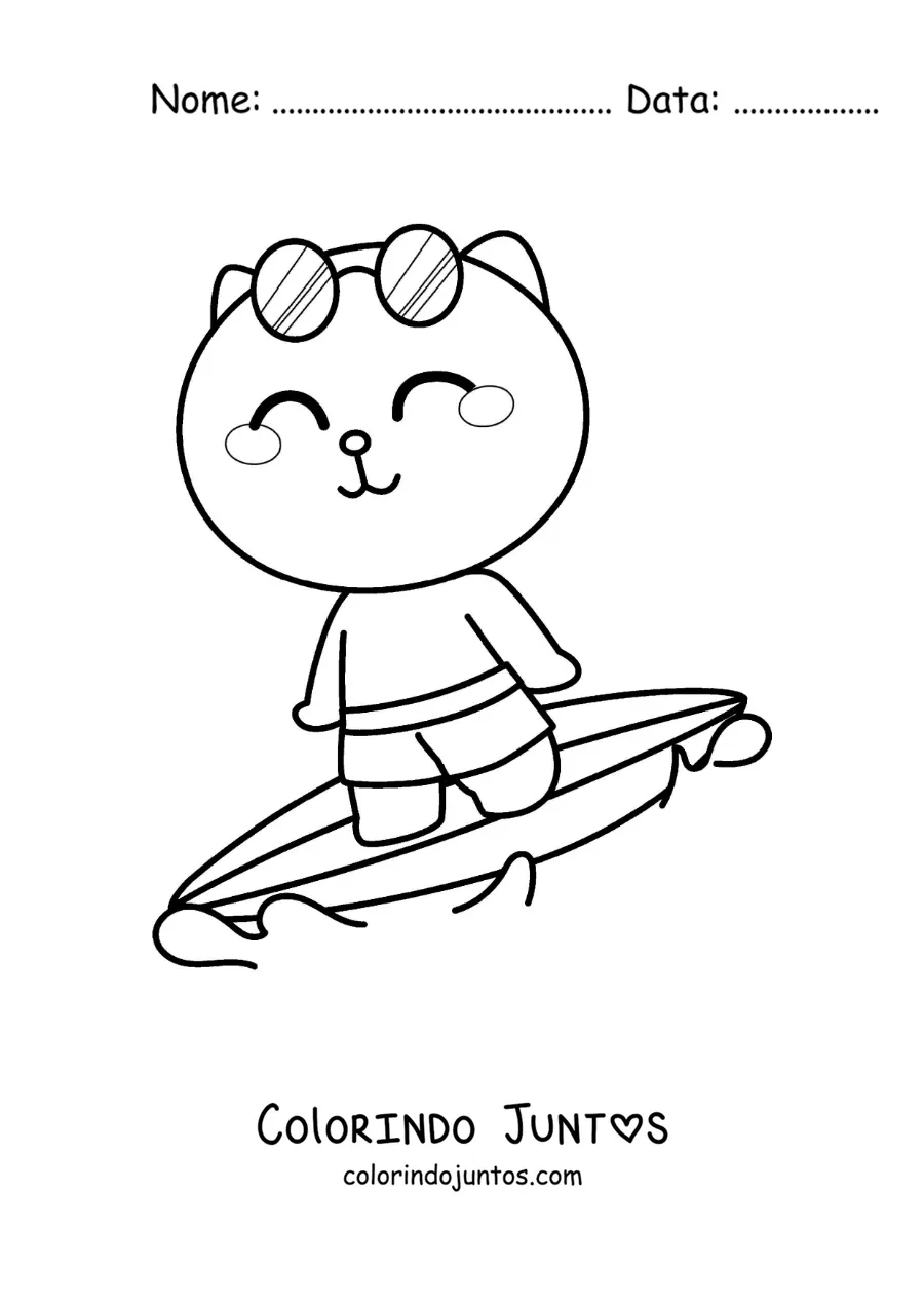 Desenho para colorir de um gato animado surfando de oculos