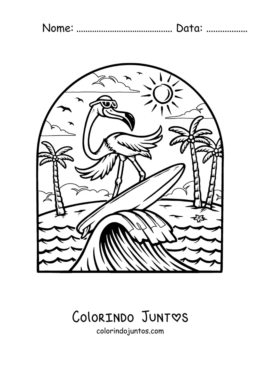 Desenho para colorir de um flamingo animado surfando na praia