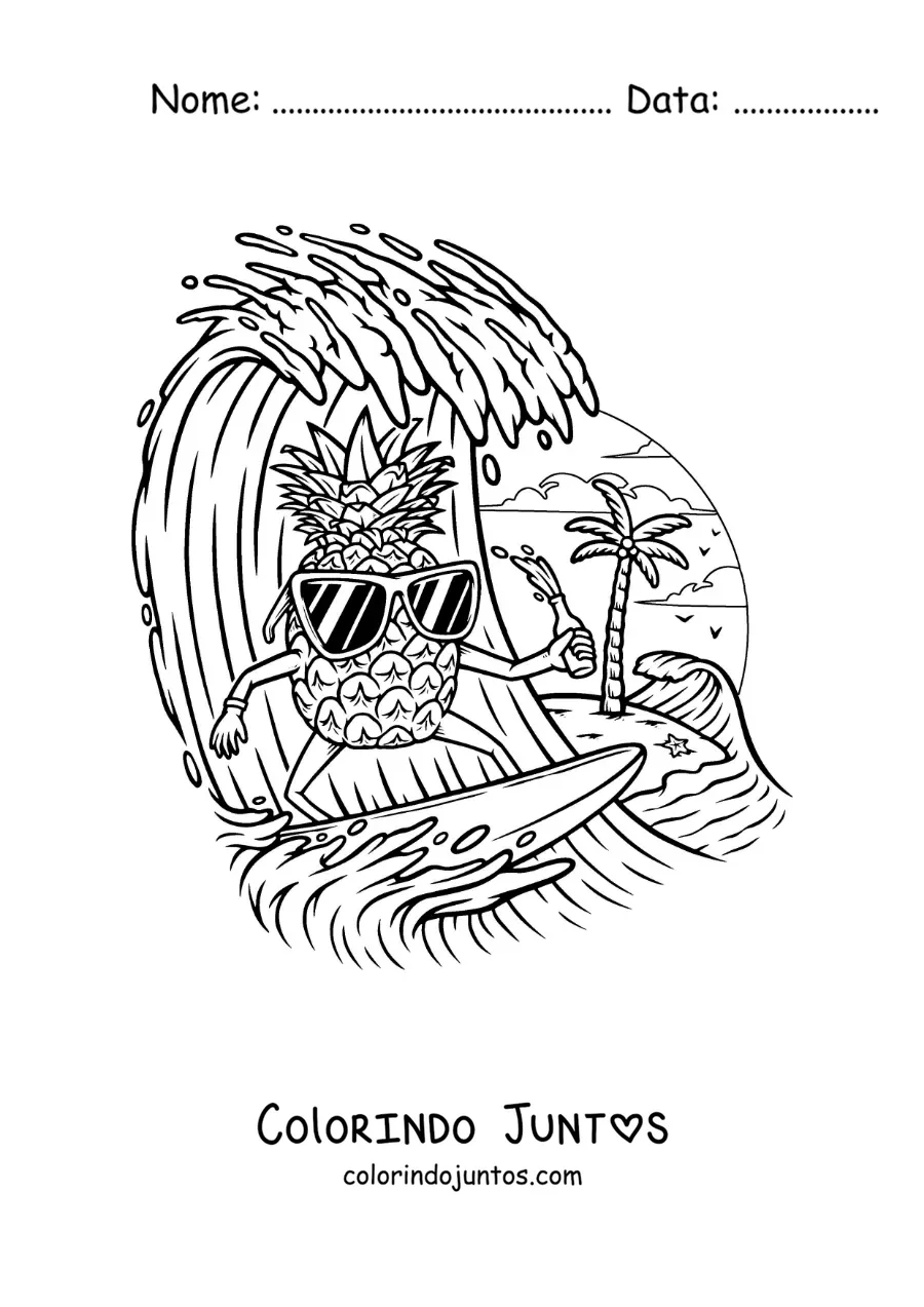 Desenho para colorir de um abacaxi animado surfando na praia