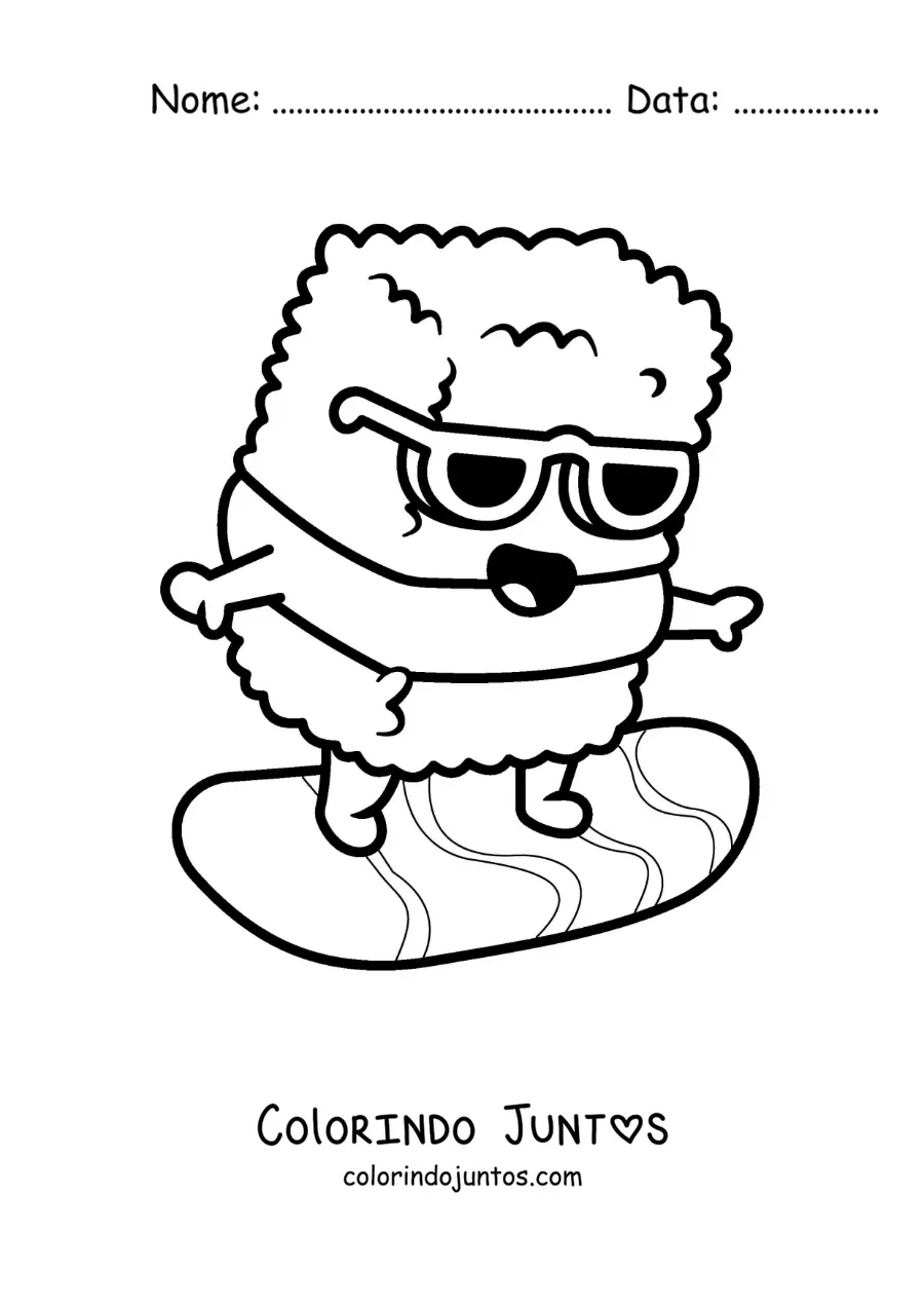 Desenho para colorir de um rolinho de sushi animado surfando na praia