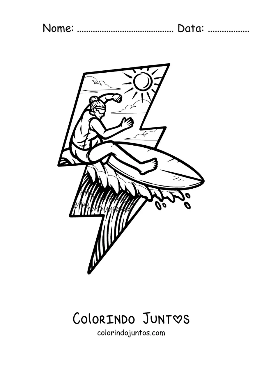 Desenho para colorir de uma menina surfando na praia em um raio de luz