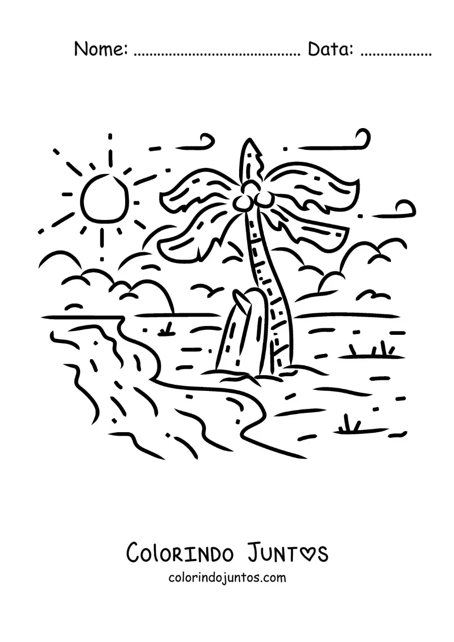 Desenho para colorir de uma prancha de surfe na areia da praia