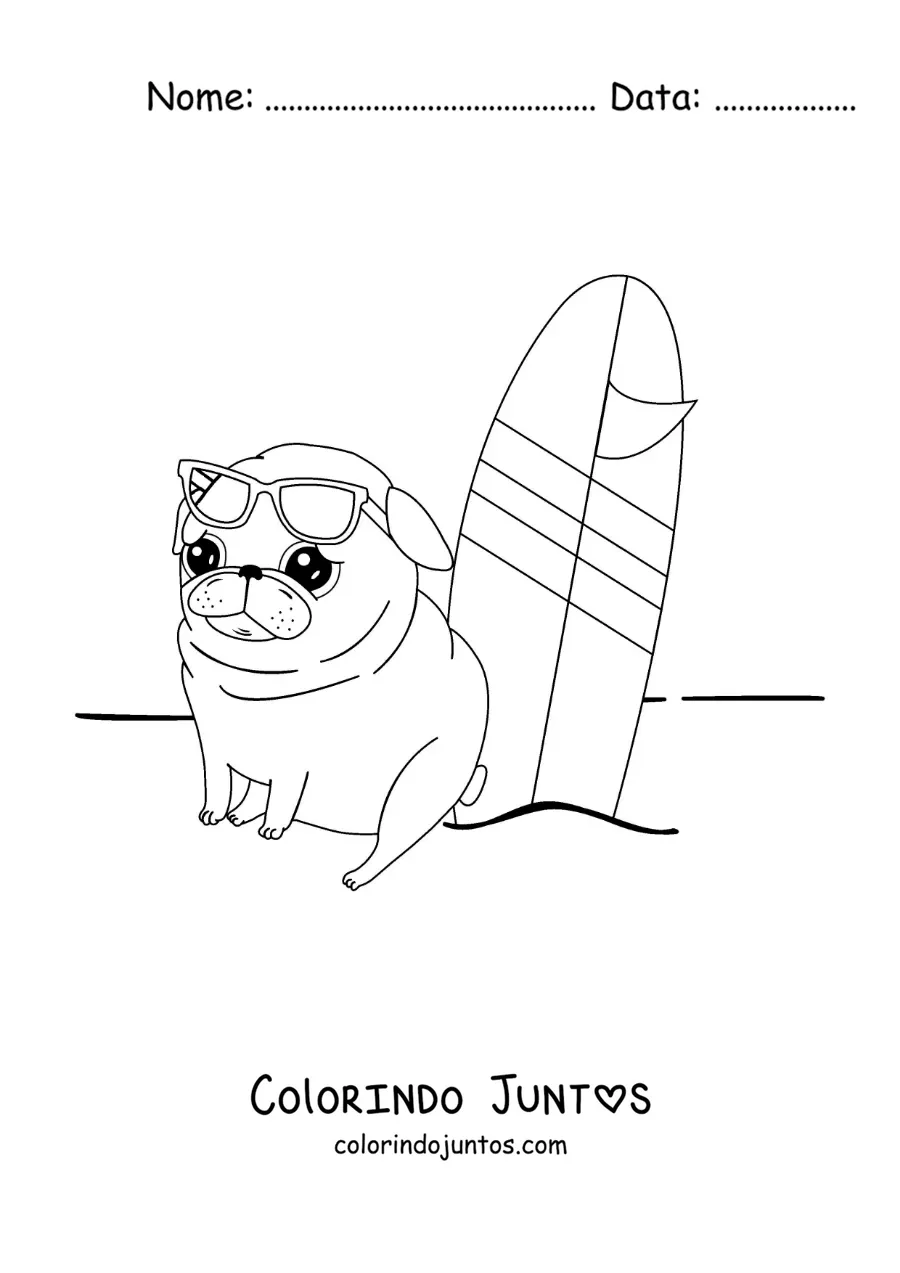 Desenho para colorir de um pug animado ao lado de uma prancha de surfe na areia