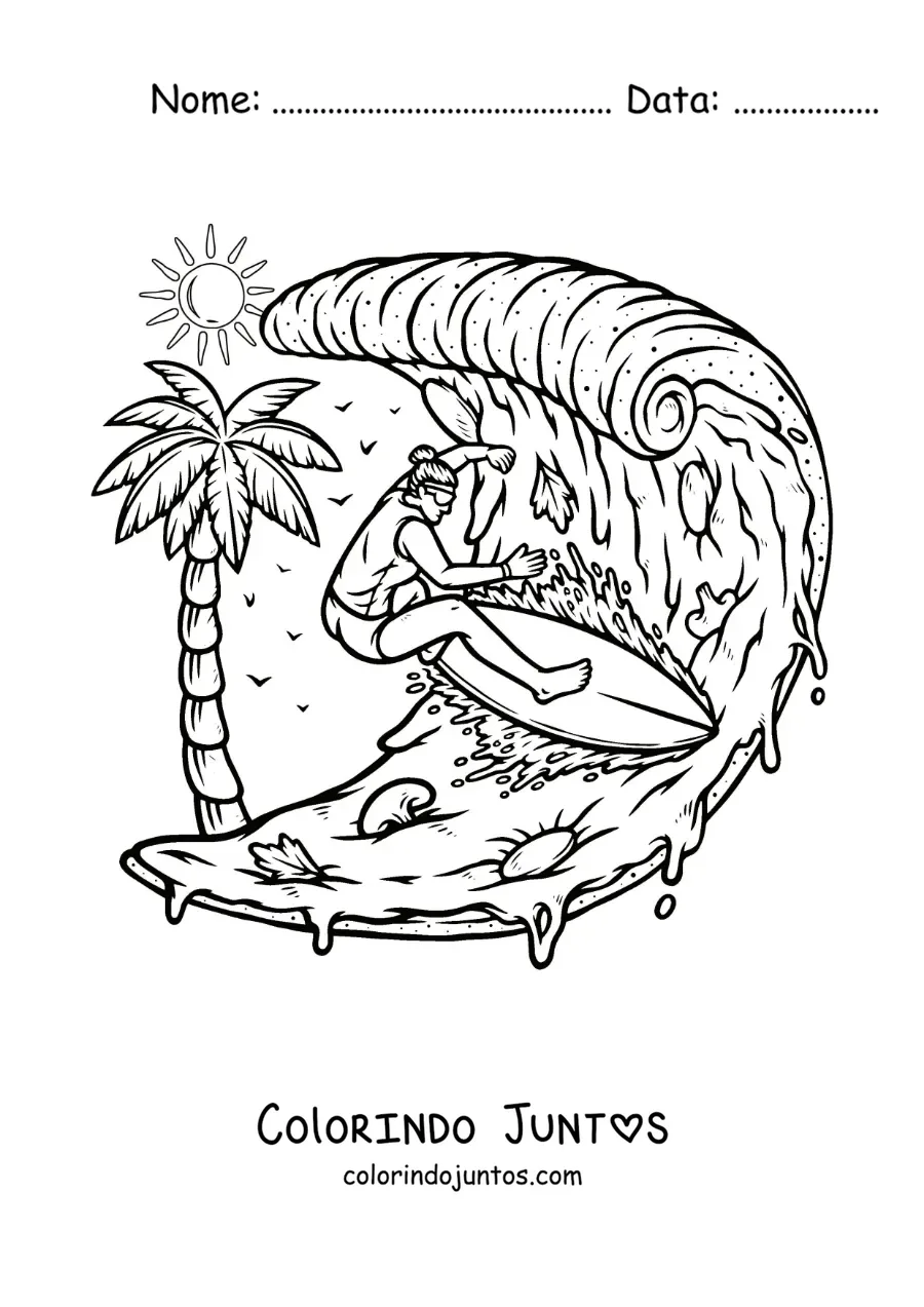 Desenho para colorir de uma menina surfando uma onda de pizza