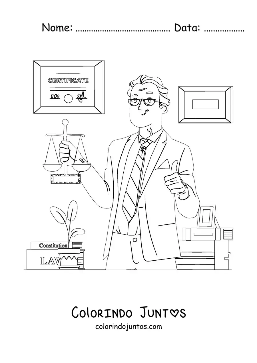 Desenho para colorir de um advogado segurando uma balança