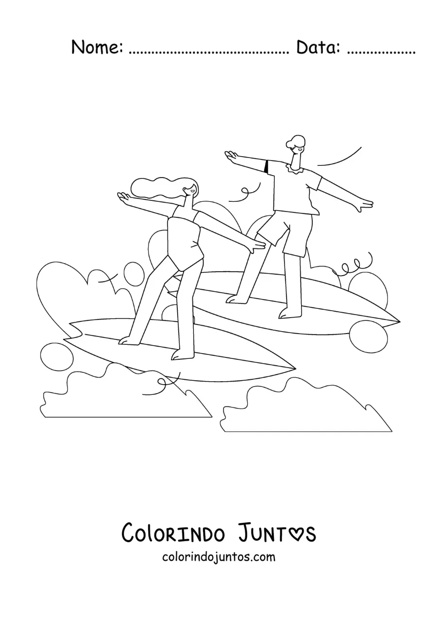 Desenho para colorir de um casal surfando