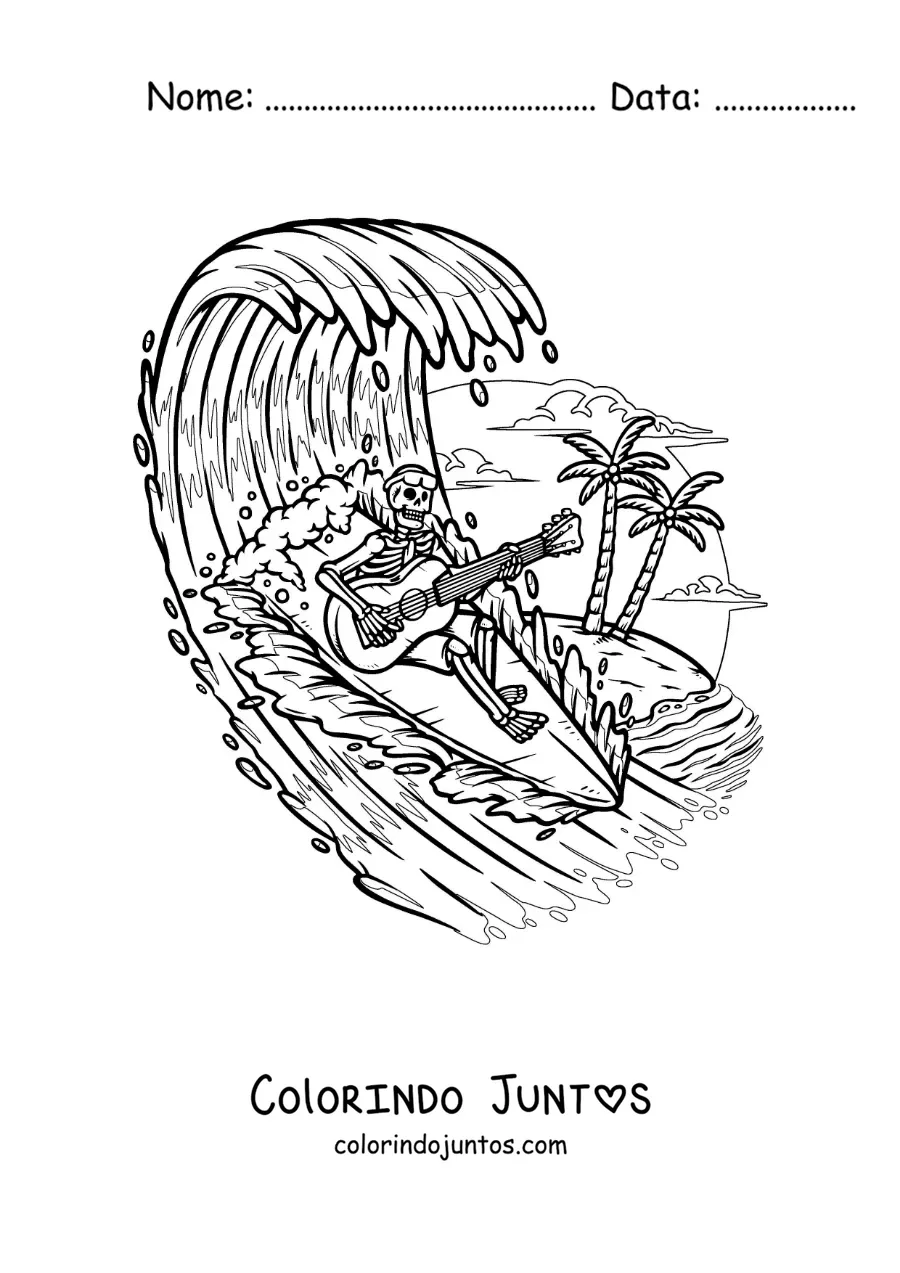 Desenho para colorir de um esqueleto tocando guitarra enquanto surfa na praia