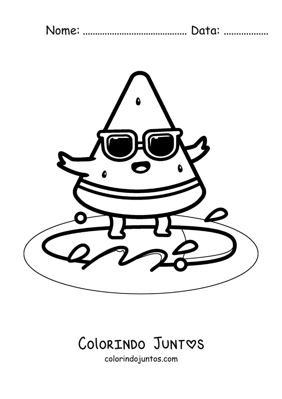 Desenho para colorir de um pedaco de melancia animado surfando