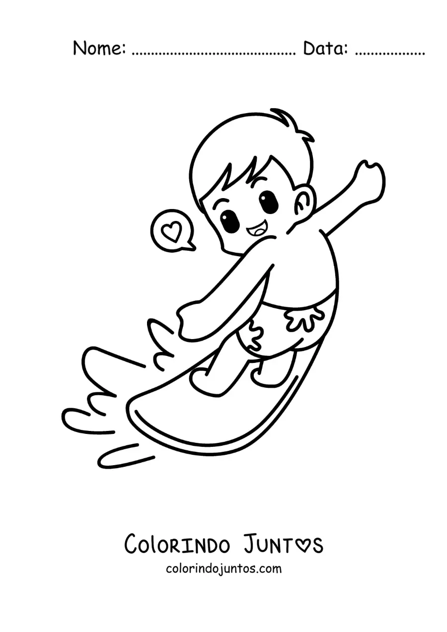 Desenho para colorir de um menino animado surfando