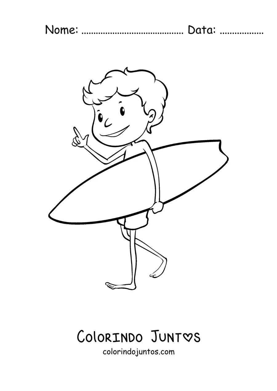 Desenho para colorir de um menino surfista animado