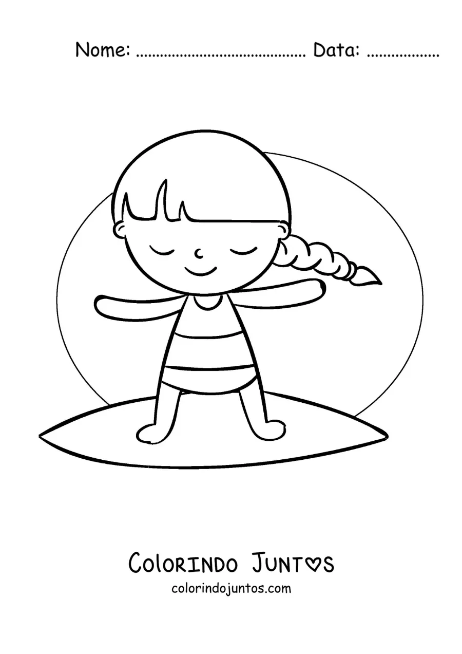 Desenho para colorir de uma menina animada surfando
