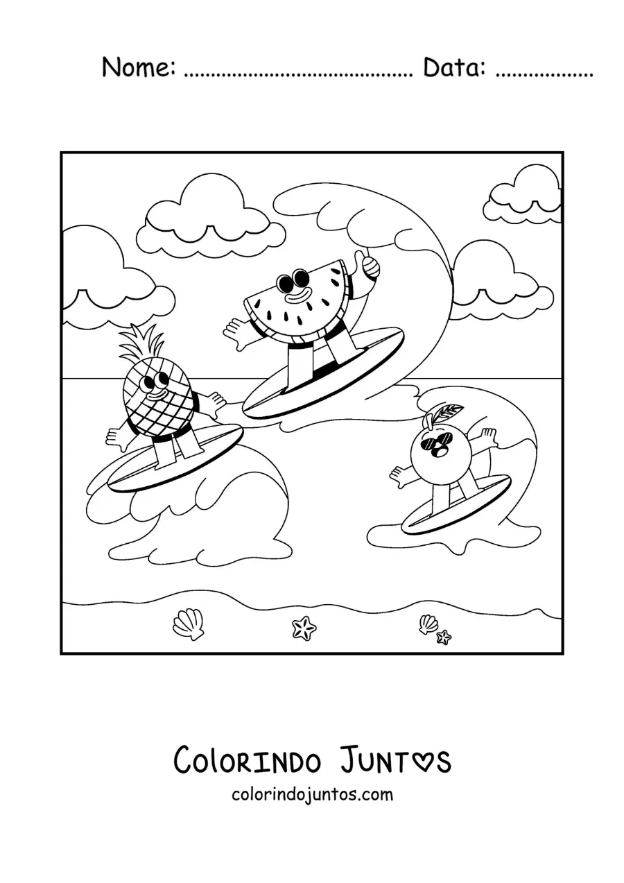 Desenho para colorir de frutas animadas surfando na praia