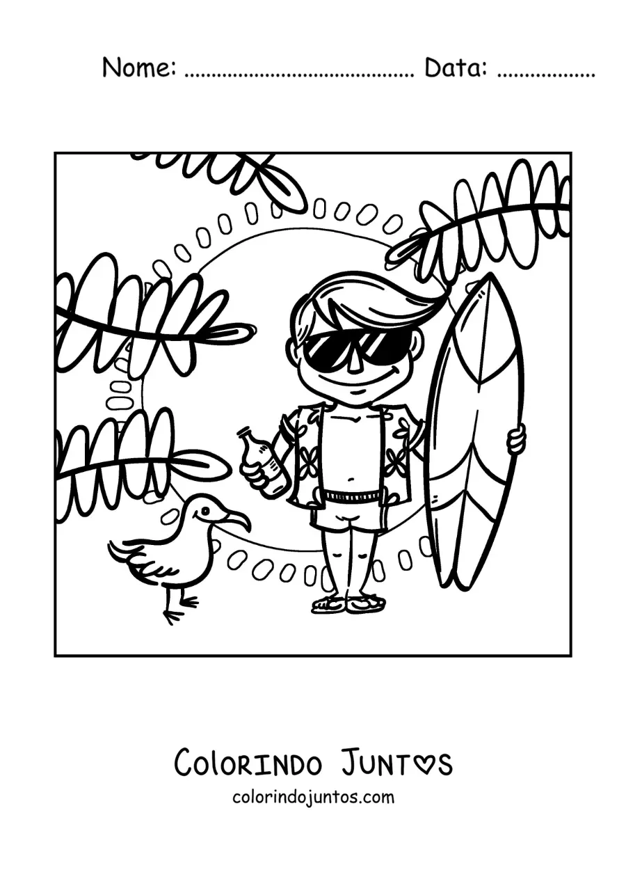 Desenho para colorir de um menino surfista na praia com oculos de sol e uma garrafa