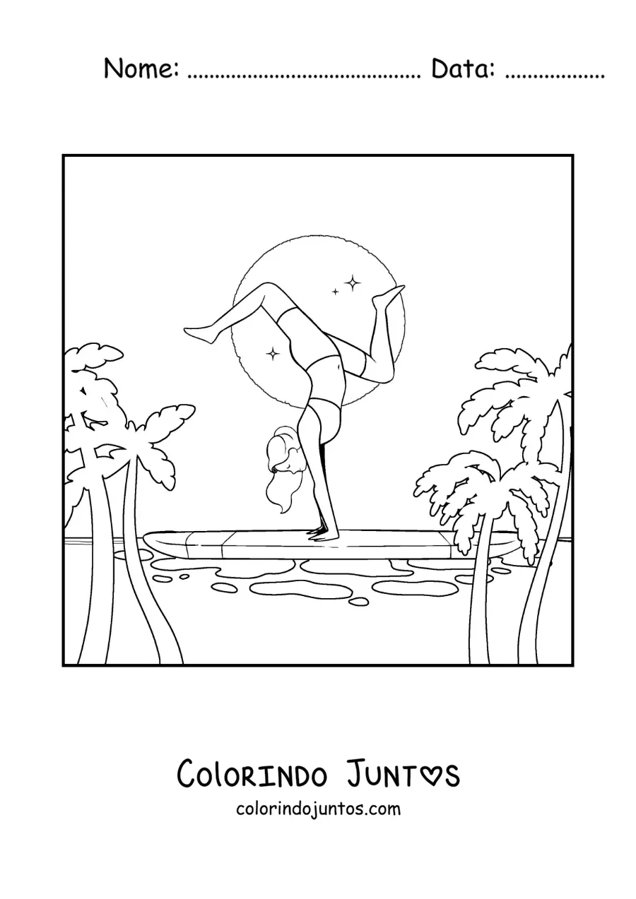 Desenho para colorir de uma menina fazendo acrobacias sobre uma prancha de surfe na praia