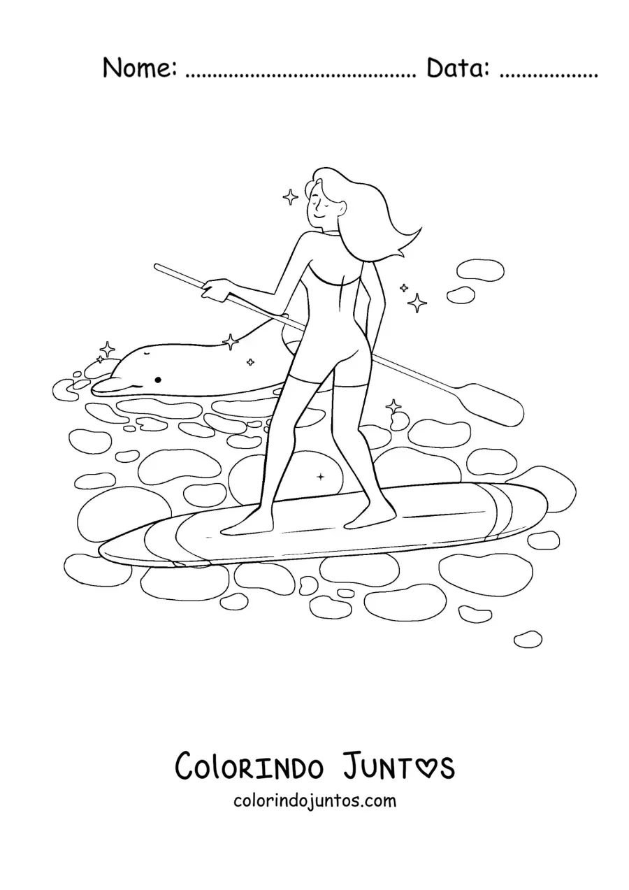 Desenho para colorir de uma menina praticando stand-up paddle