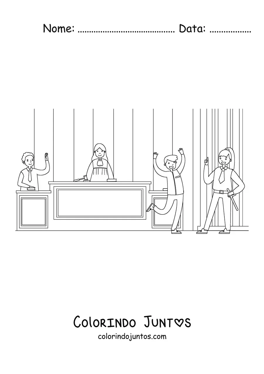 Desenho para colorir de um juiz e um advogado animados em um julgamento