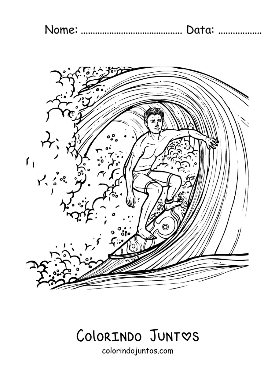 Desenho para colorir de um menino surfando uma onda em estilo realista
