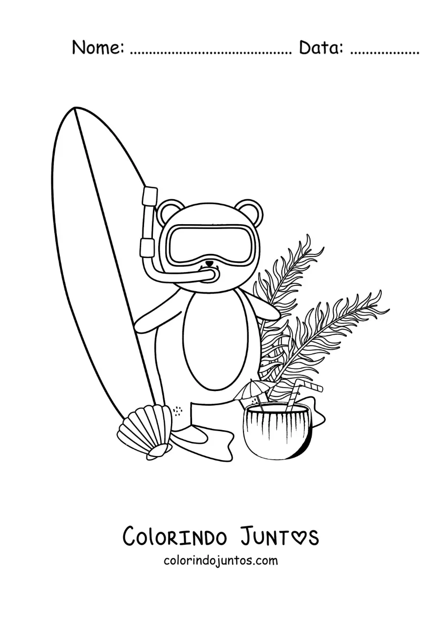 Desenho para colorir de um urso surfista animado