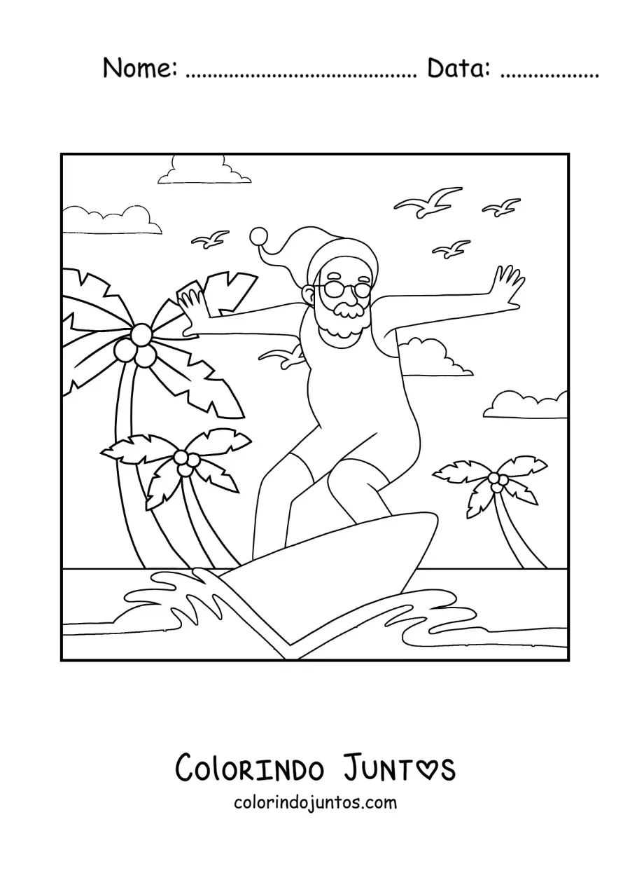 Desenho para colorir de Papai Noel animado surfando na praia