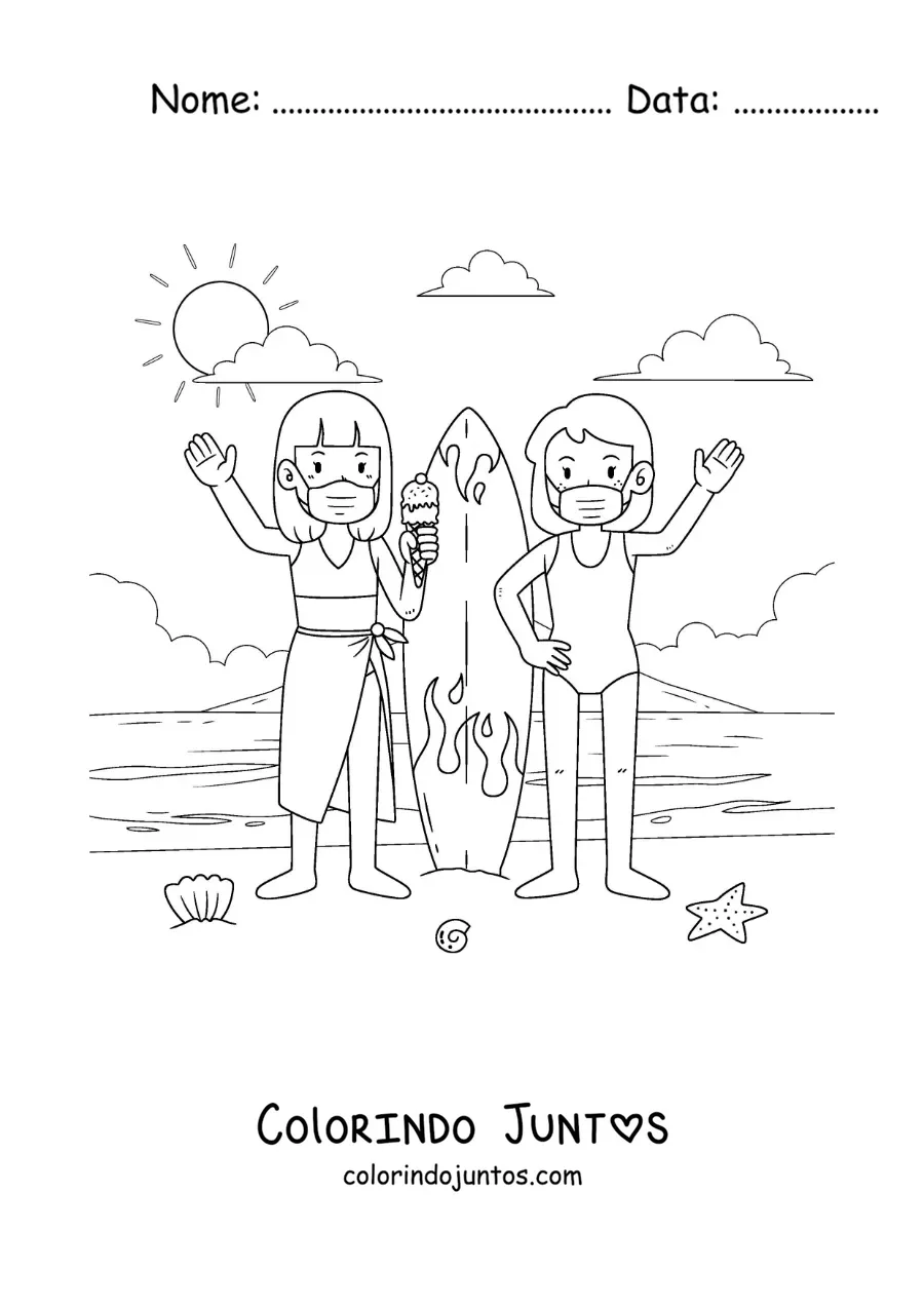 Desenho para colorir de duas meninas na praia de mascara ao lado de uma prancha de surfe