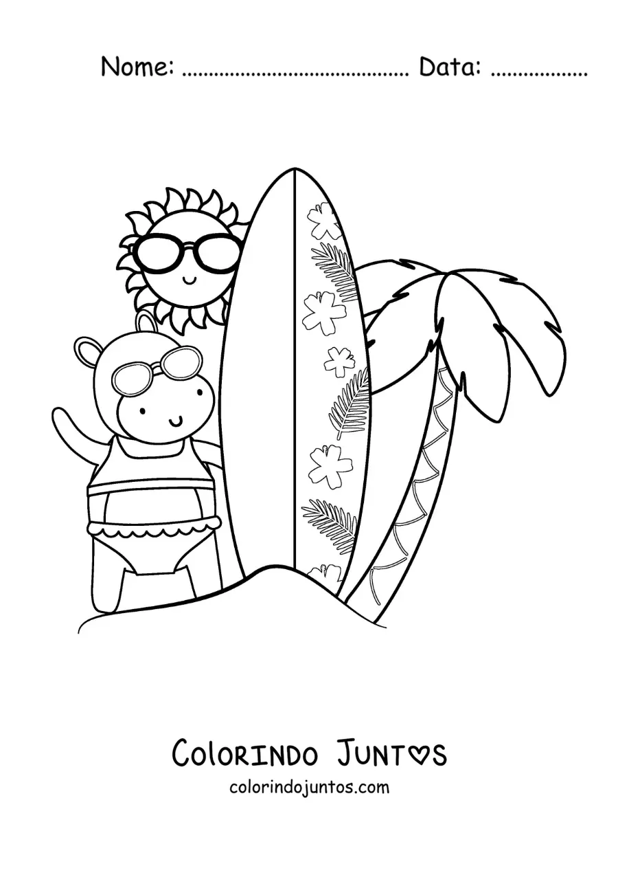 Desenho para colorir de uma hipopotama surfista animada na praia