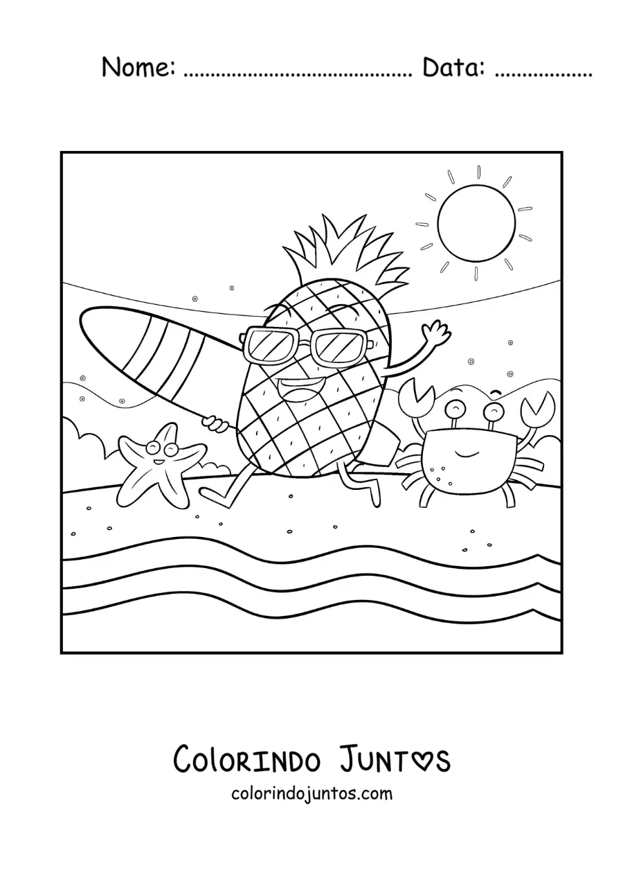 Desenho para colorir de um abacaxi surfista animado correndo para o mar na praia