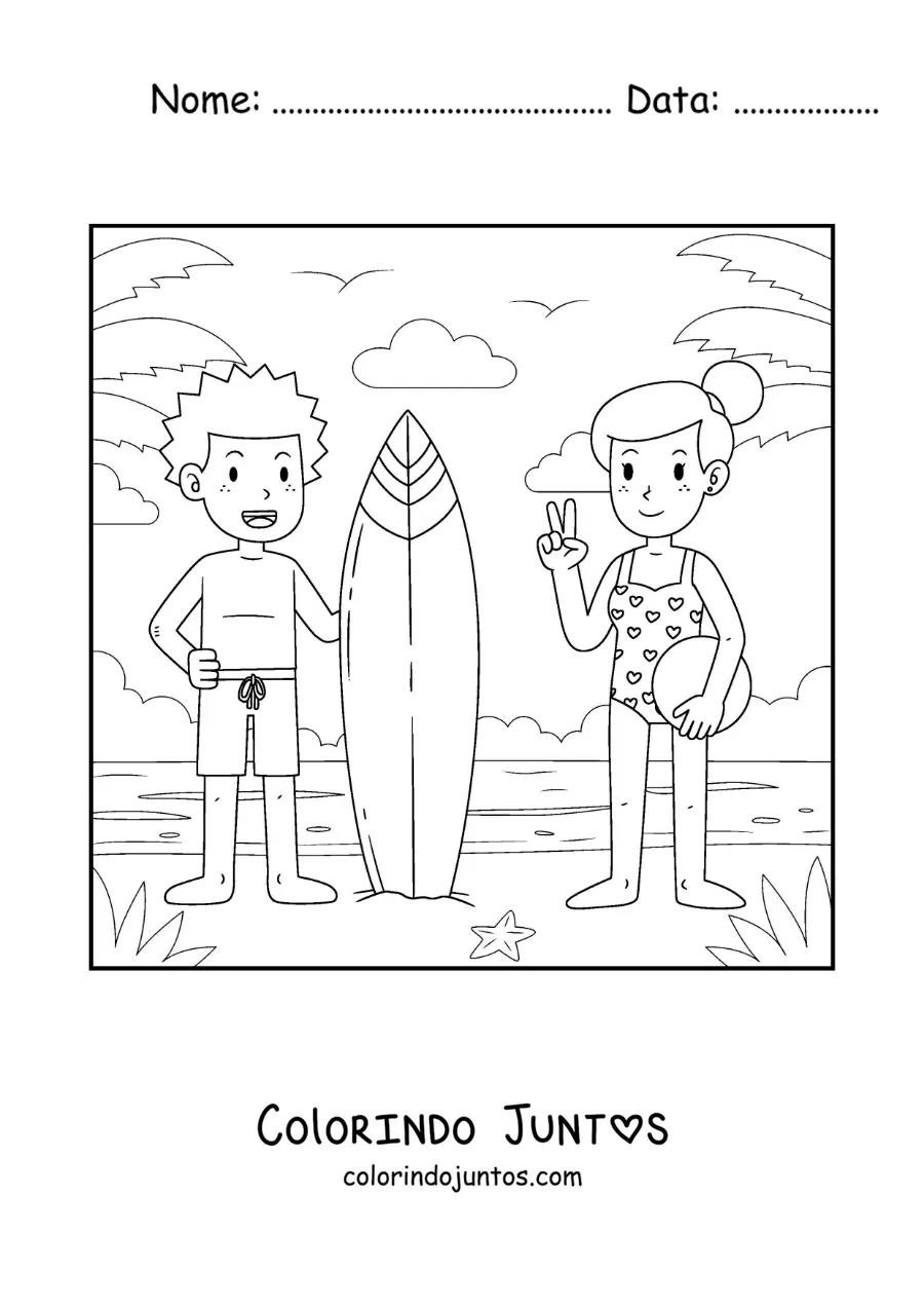 Desenho para colorir de um menino surfista e uma menina com uma bola na praia