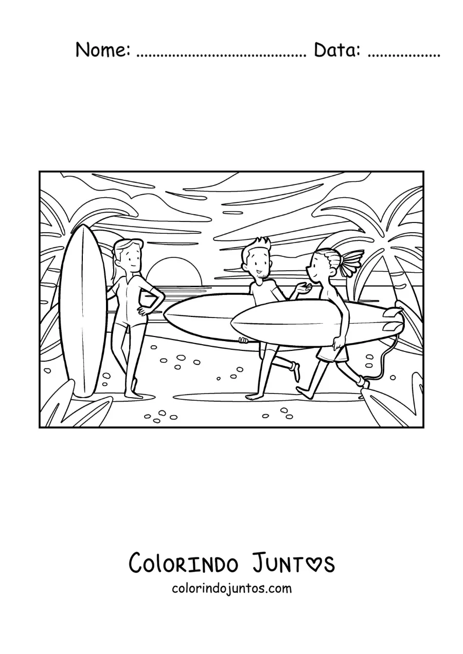 Desenho para colorir de um grupo de jovens surfistas na praia