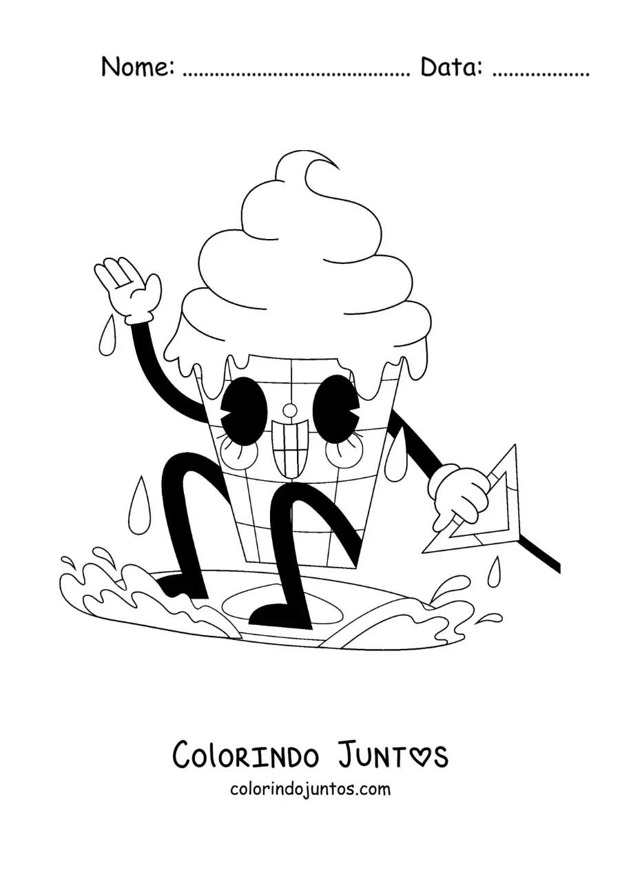 Desenho para colorir de um sorvete animado surfando