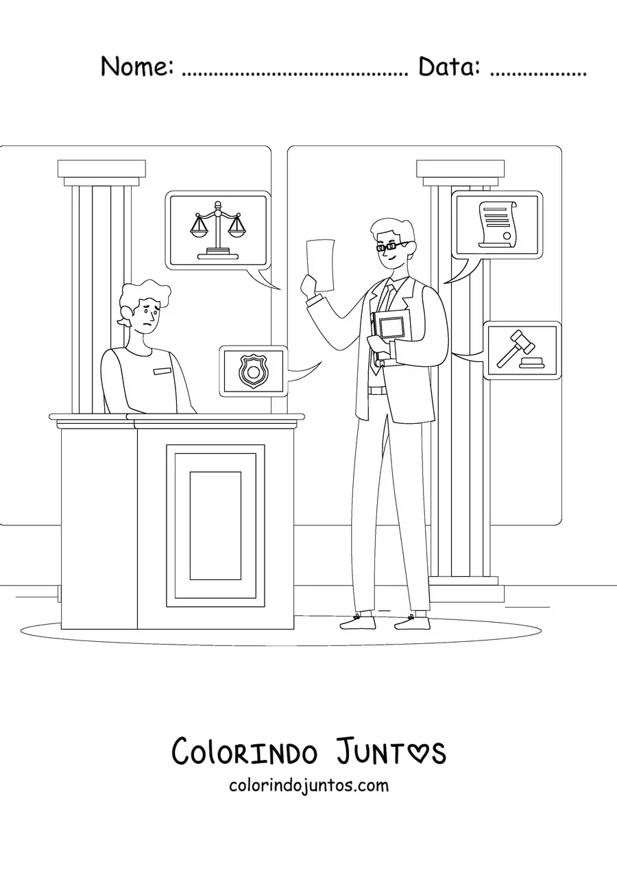 Desenho para colorir de um advogado fazendo um interrogatório em um julgamento