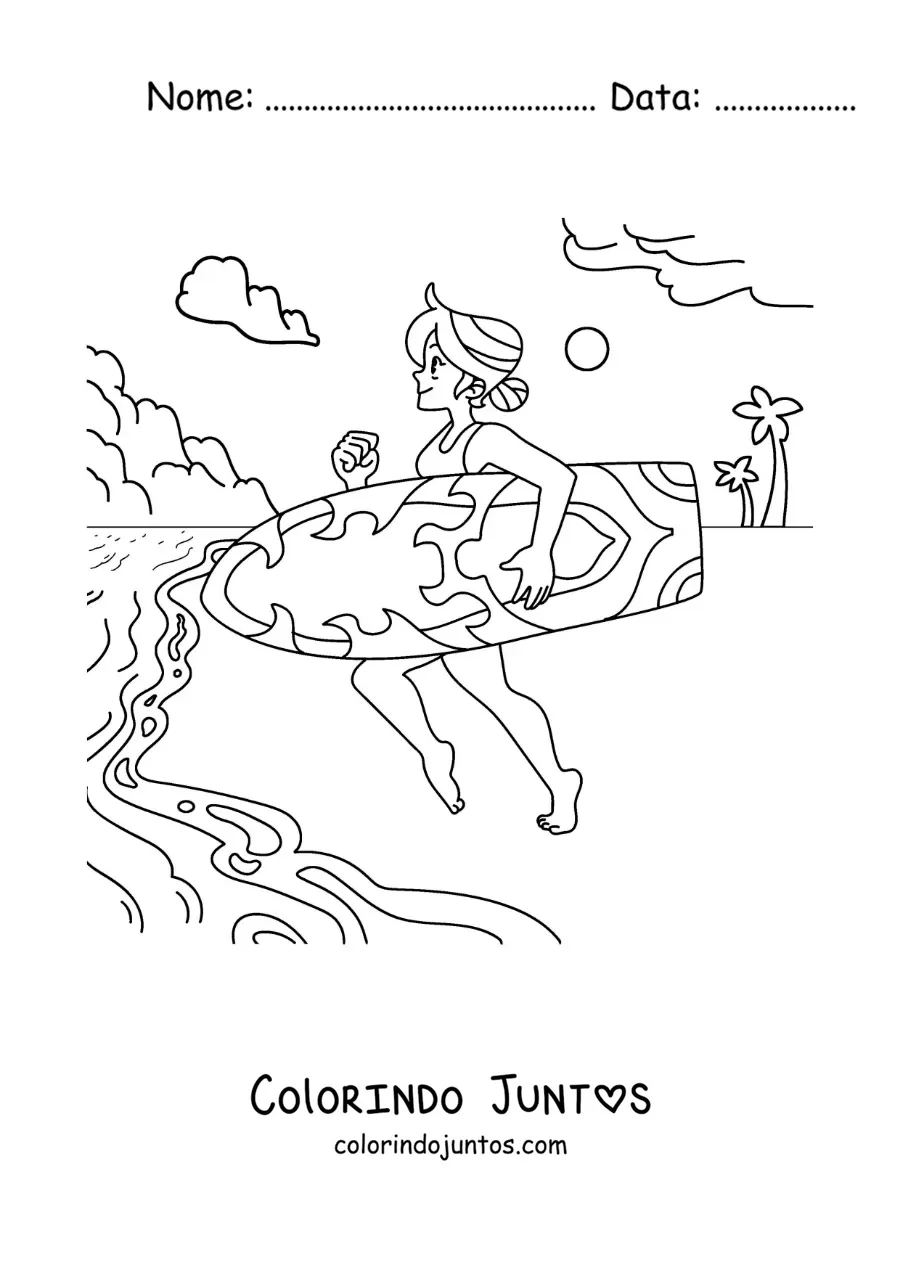 Desenho para colorir de uma menina surfista correndo para o mar na praia