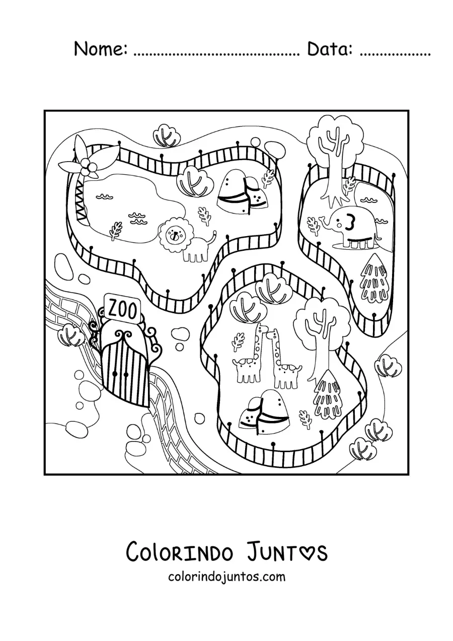 Desenho para colorir de um zoologico com girafas, elefantes e leoes