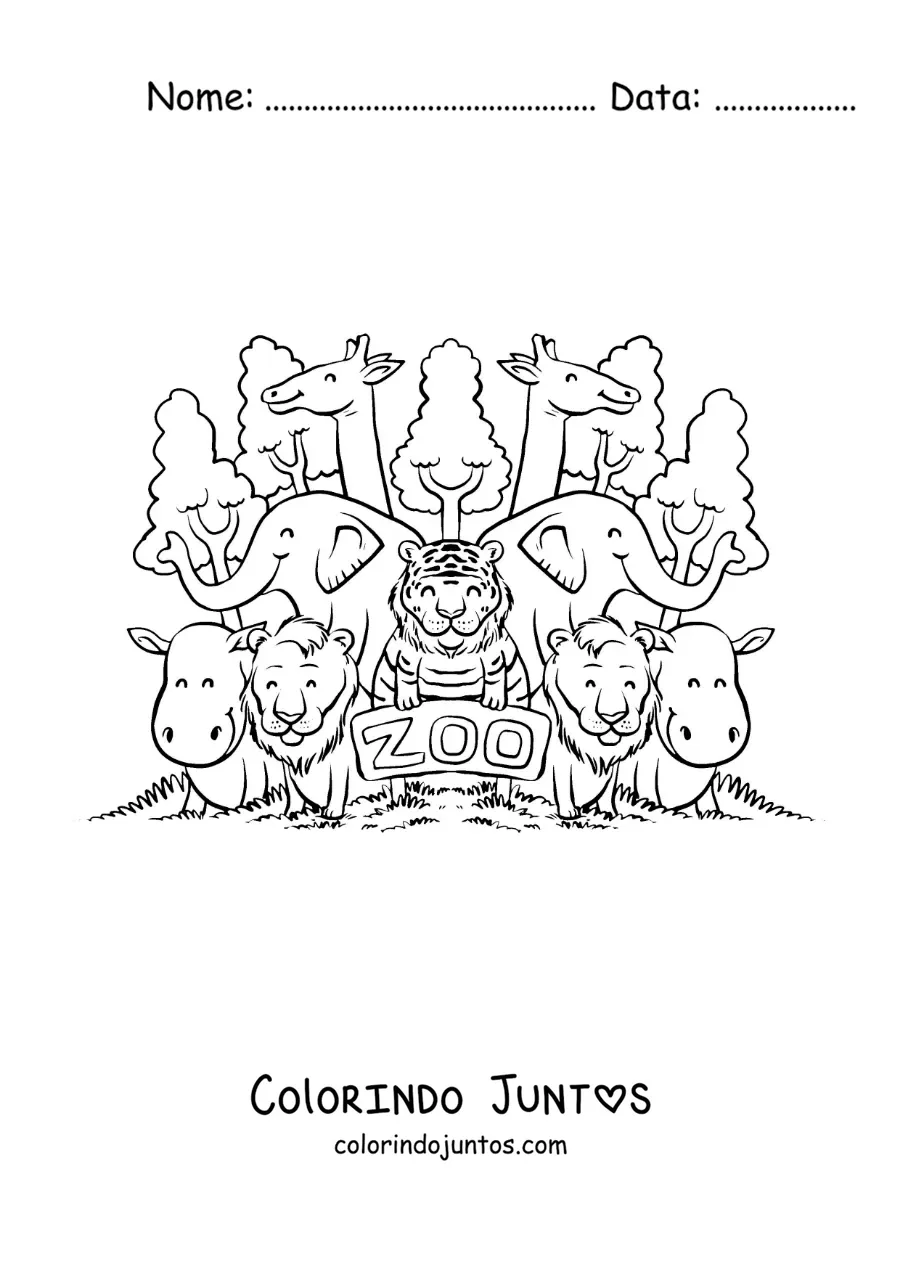 Desenho para colorir de um zoologico com todos os seus animais animados