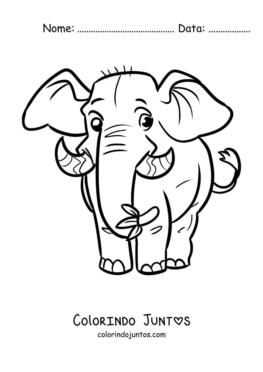 Desenho para colorir de um elefante de zoologico animado comendo uma banana