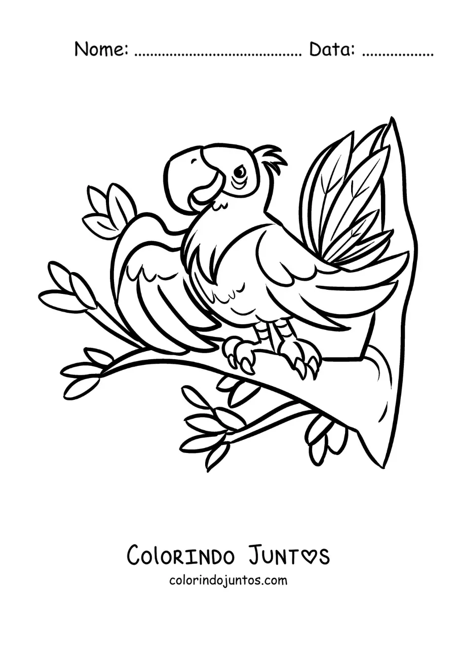 Desenho para colorir de uma arara de zoologico animada em uma arvore