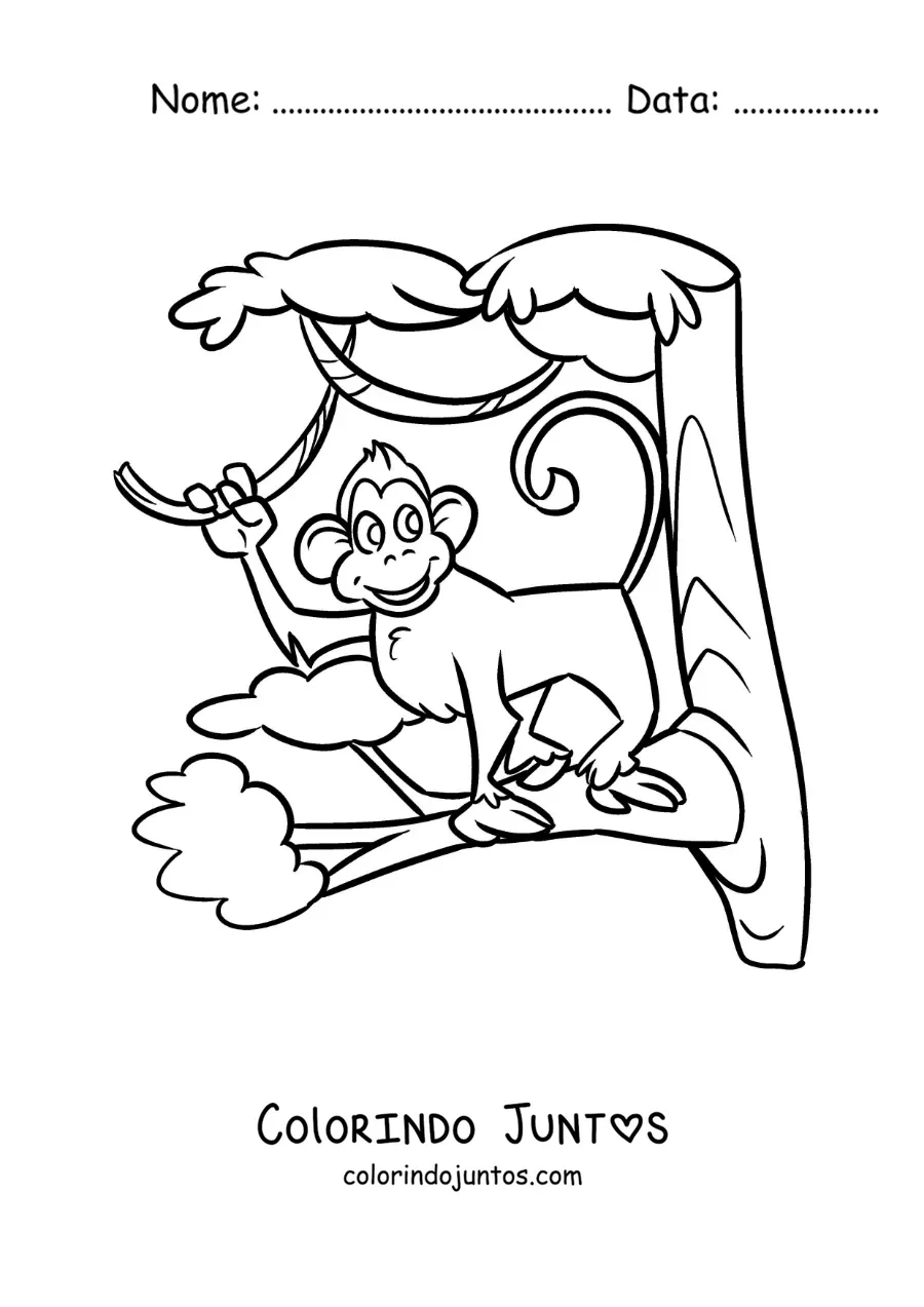 Desenho para colorir de um macaco de zoologico animado em uma arvore