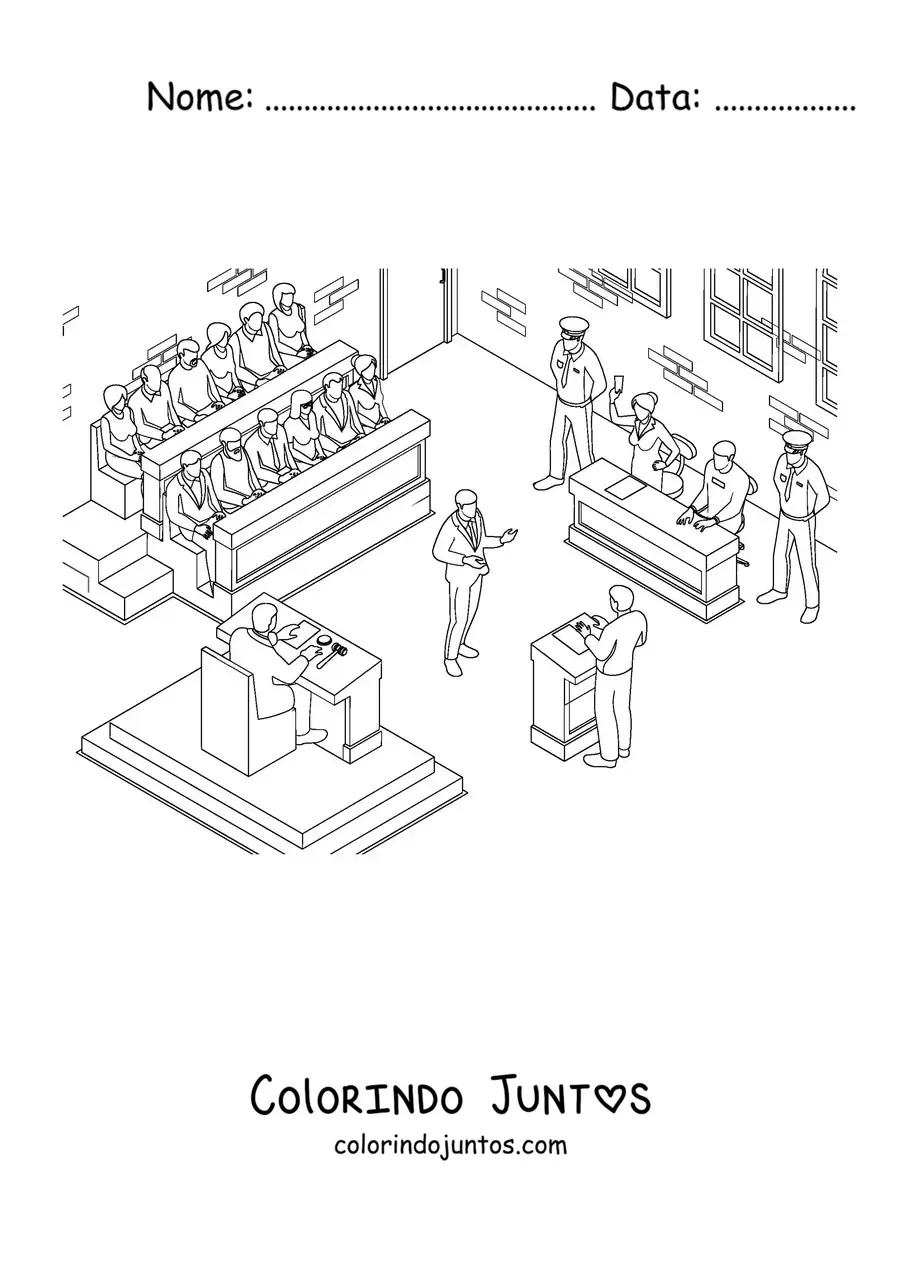 Desenho para colorir de uma cena com um juiz e um advogado em um julgamento