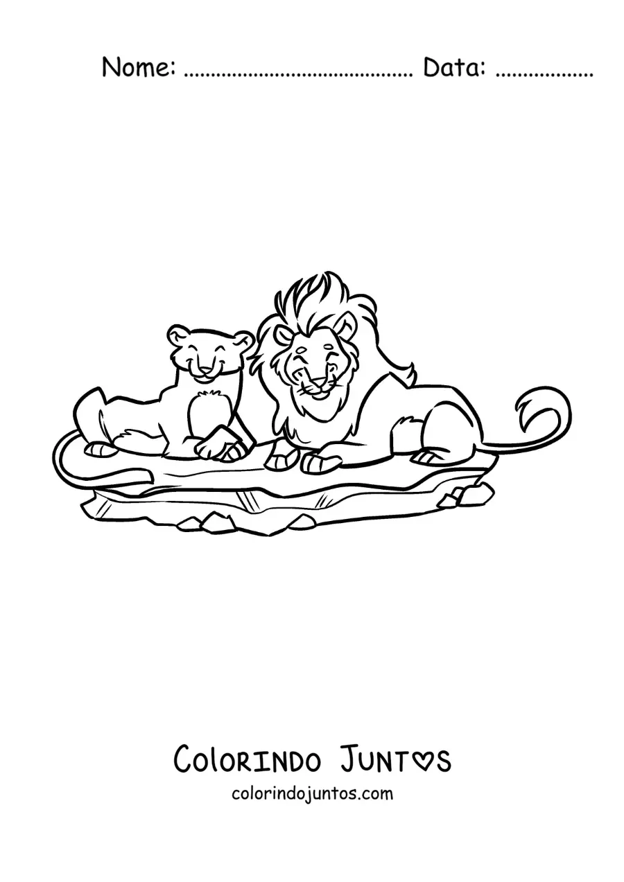 Desenho para colorir de um casal de leoes de zoologico animados deitados
