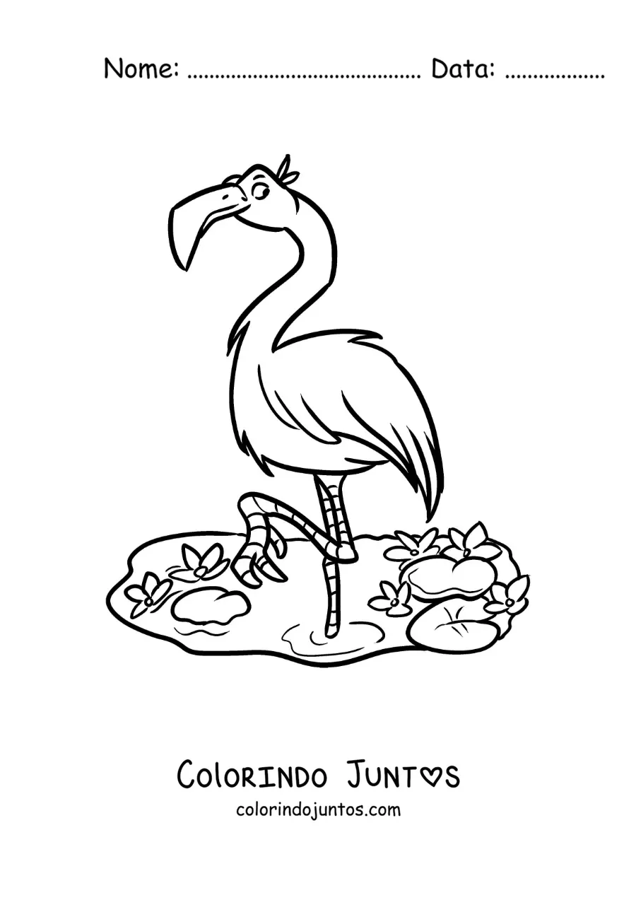 Desenho para colorir de um flamingo de zoologico animado em um lago