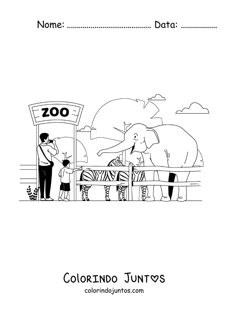 Desenho para colorir de um menino e seu pai visitando o zoologico