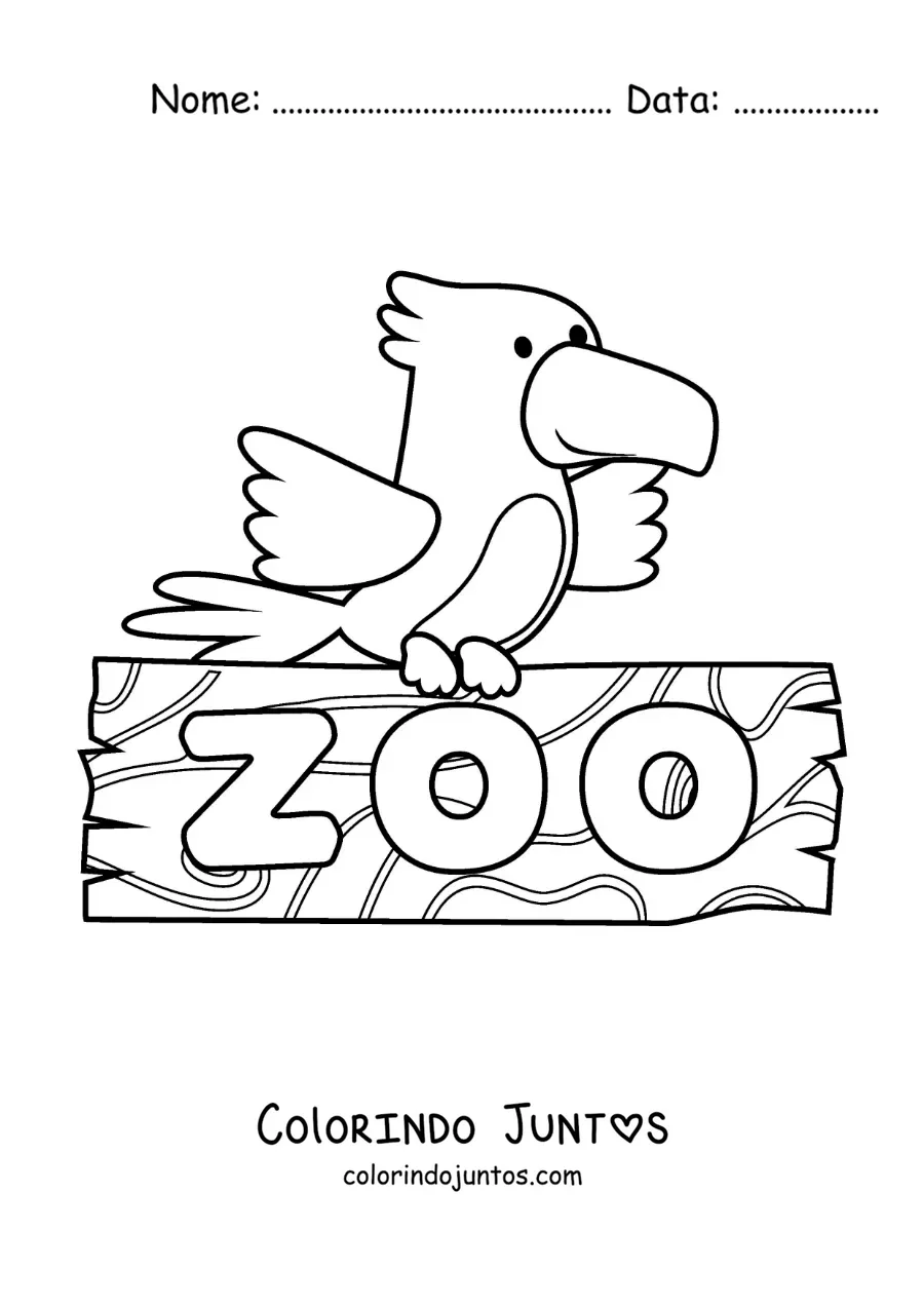 Desenho para colorir de uma ave pousada em uma placa de zoologico